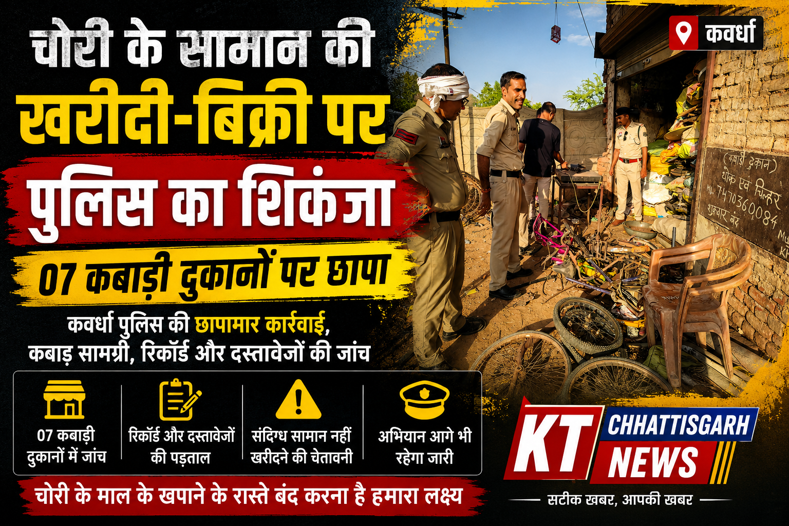 चोरी के सामान की खरीदी-बिक्री रोकने कबीरधाम पुलिस का बड़ा अभियान, 07 कबाड़ी दुकानों पर छापा file 000000003ffc7208a25ebb0b93d4d5a1